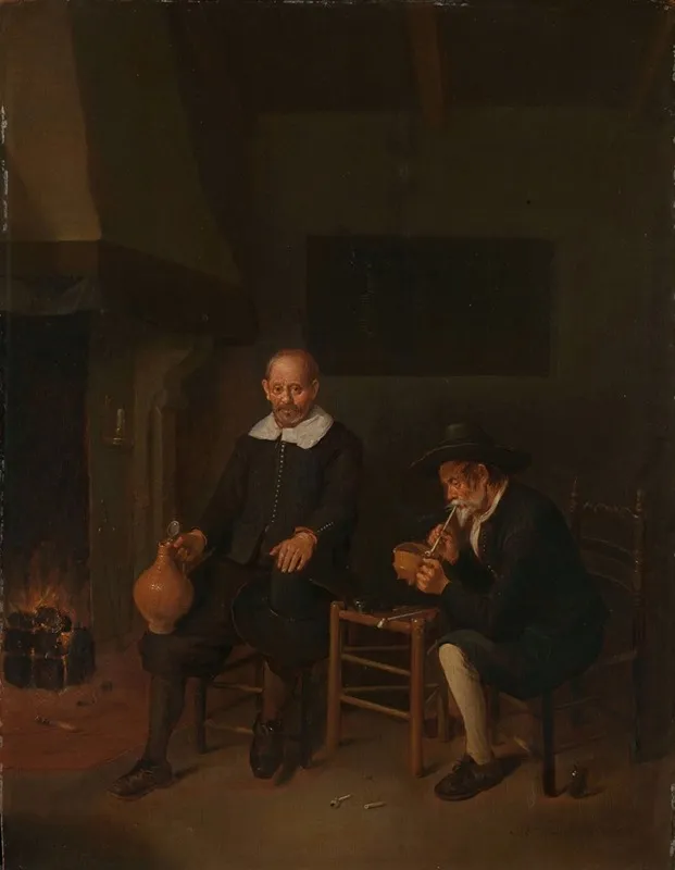 Interior With Two Men By The Fireside Wall Art by Quirijn Van Brekelenkam - High-Resolution Digital Print