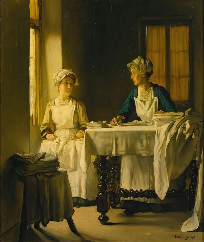 Interior With Two Women Folding Sheets Wall Art by Joseph Bail - High-Resolution Digital Print
