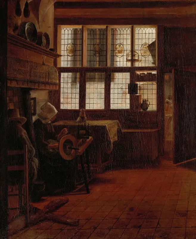 Interior With Woman At The Spinning Wheel Wall Art by Esaias Boursse - High-Resolution Digital Print