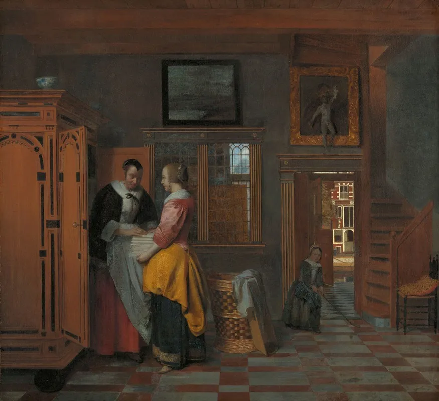 Interior With Women Beside A Linen Cupboard Wall Art by Pieter De Hooch - High-Resolution Digital Print
