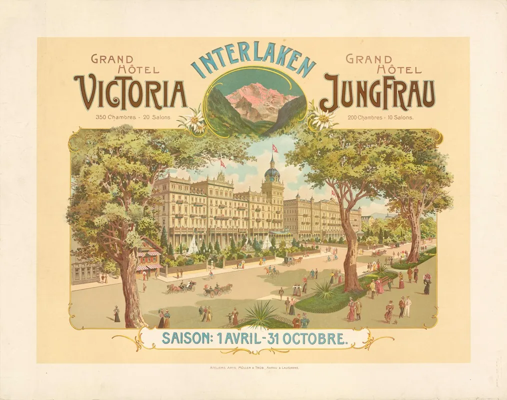 Interlaken Grandhotel Victoria Et Grandhotel Jungfrau Wall Art by Kunstanstalt Müller &amp; Trüb Aarau - High-Resolution Digital Print