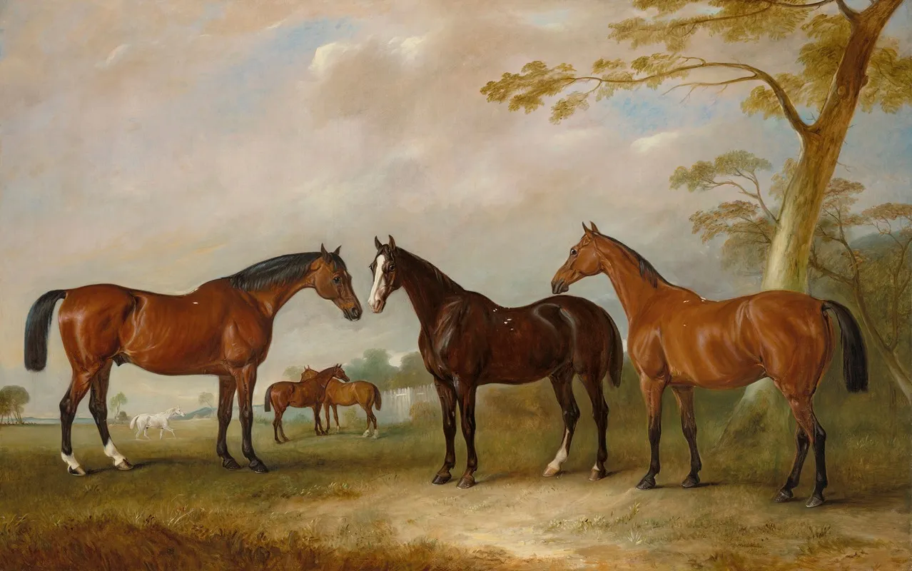 Intrepid Conqueror And Bay Bolton With Silkman And Darnley Beyond In A Landscape Wall Art by John Ferneley - High-Resolution Digital Print