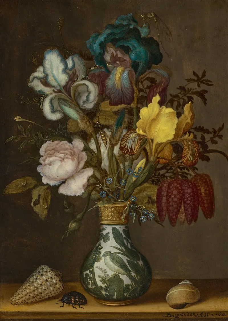 Irises Roses Fritillaries And Forget Me Nots In A Wanli Vase With Two Shells And A Beetle On A Ledge Wall Art by Balthasar van der Ast - High-Resolution Digital Print