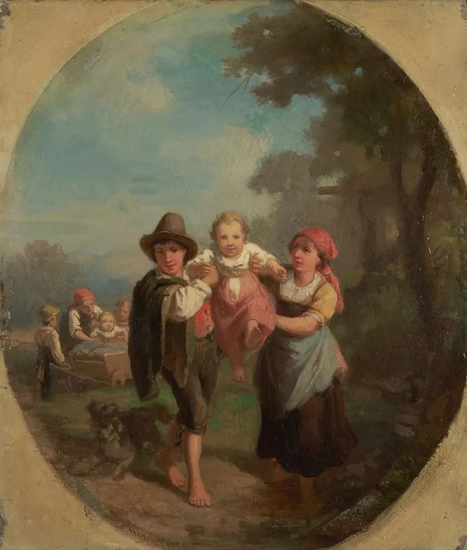 Italian Children At Play With Dog