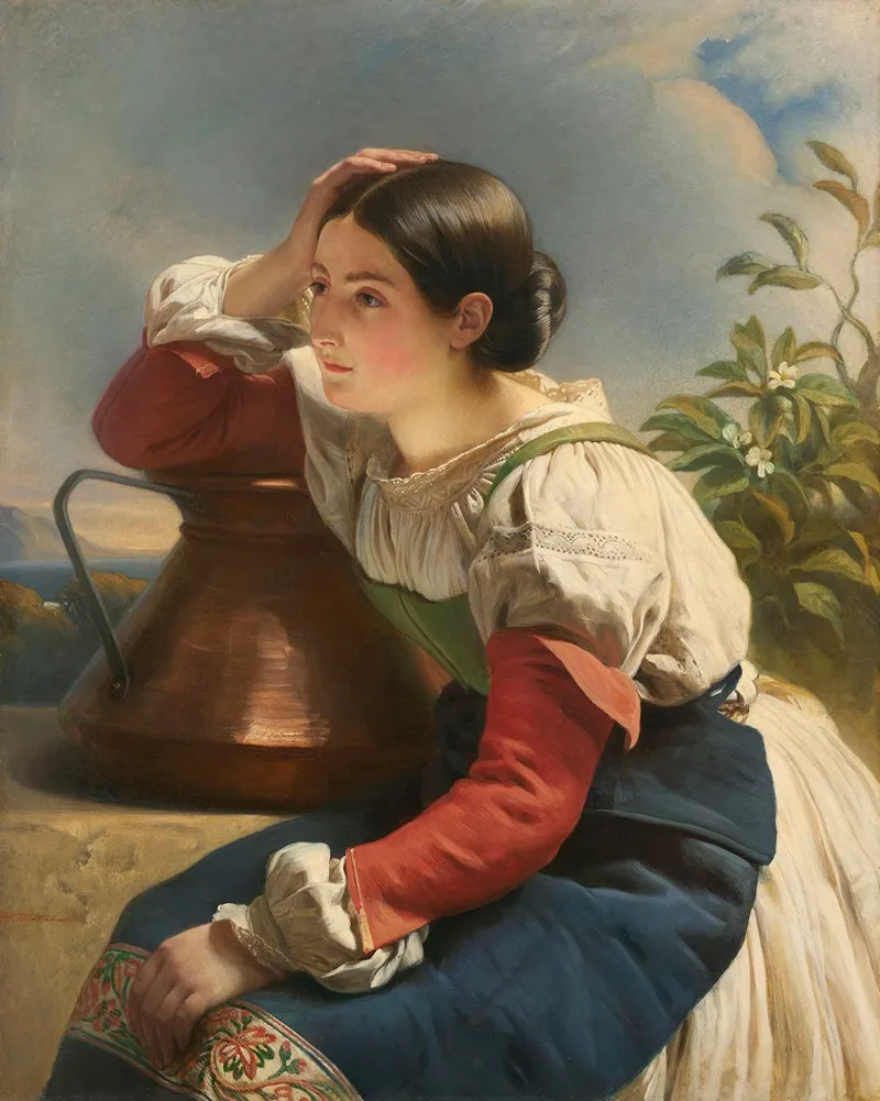 Italian Girl At A Fountain Wall Art by Hermann Winterhalter - High-Resolution Digital Print