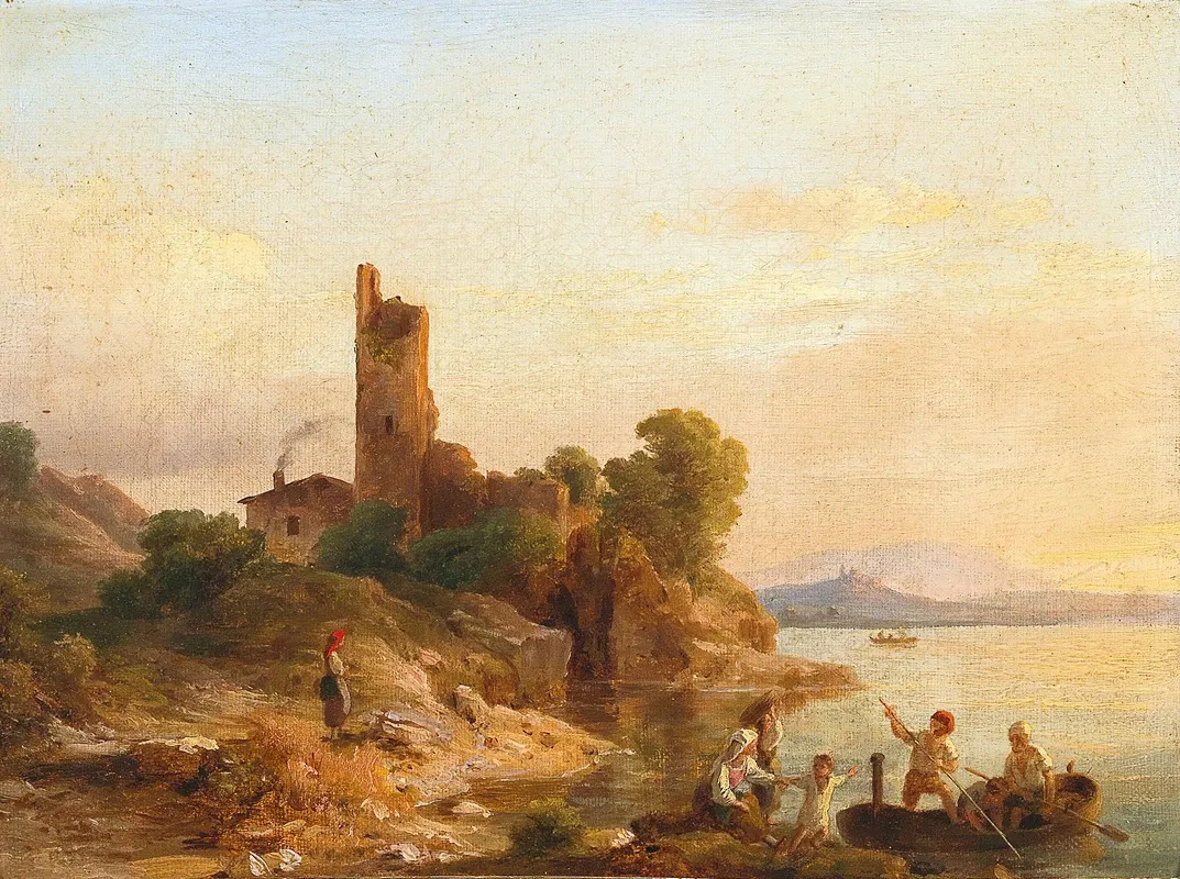 Italian Landscape With Fishermen On The Lake Wall Art by Károly Markó - High-Resolution Digital Print