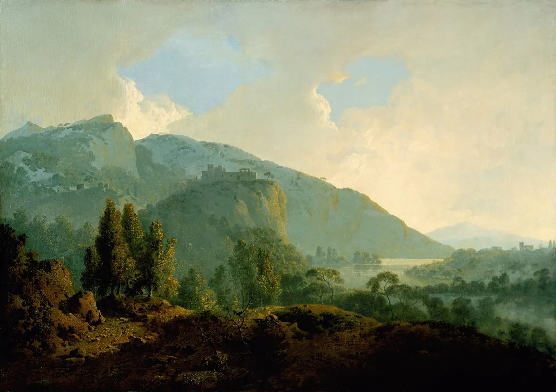 Italian Landscape With Mountains And A River Wall Art by Joseph Wright of Derby - High-Resolution Digital Print