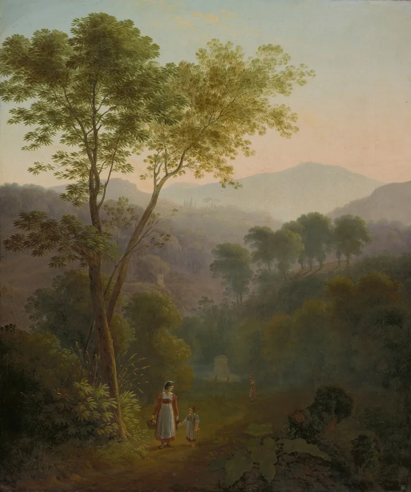 Italian Landscape With Women At A Fountain Landscape At Tivoli Wall Art by Samuel Birmann - High-Resolution Digital Print