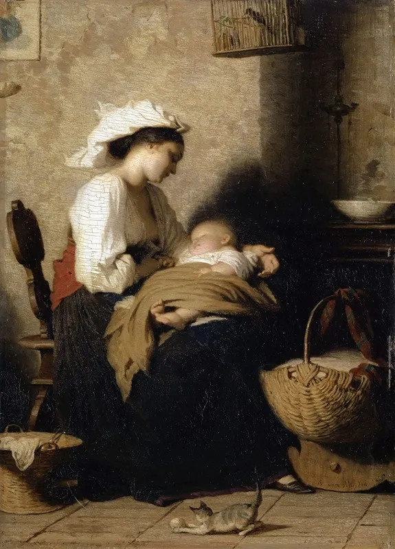 Italian Mother With Sleeping Infant Wall Art by Jacques Alfred van Muyden - High-Resolution Digital Print
