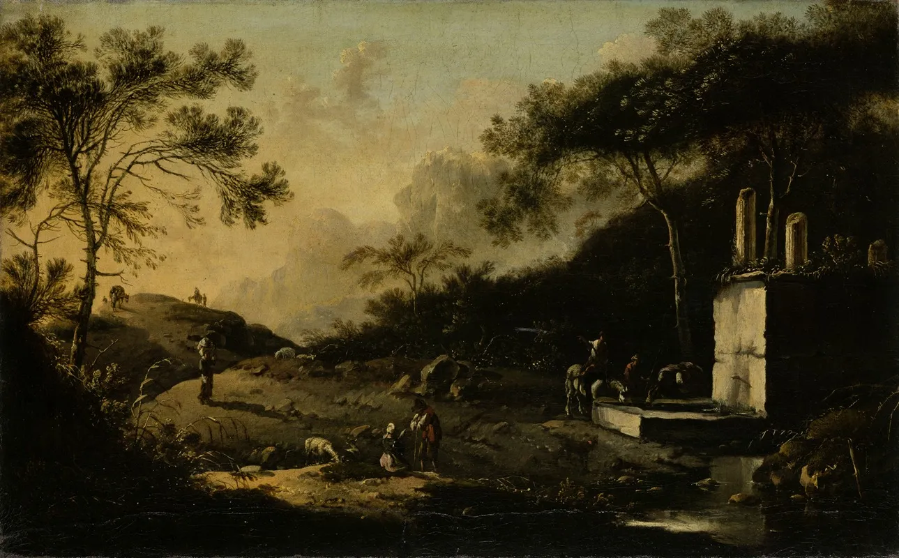 Italian Mountain Landscape With Travelers At A Well