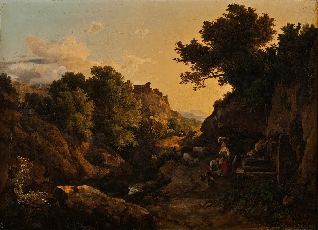 Italian Mountain Scene Woman By A Fountain Wall Art by Károly Markó - High-Resolution Digital Print