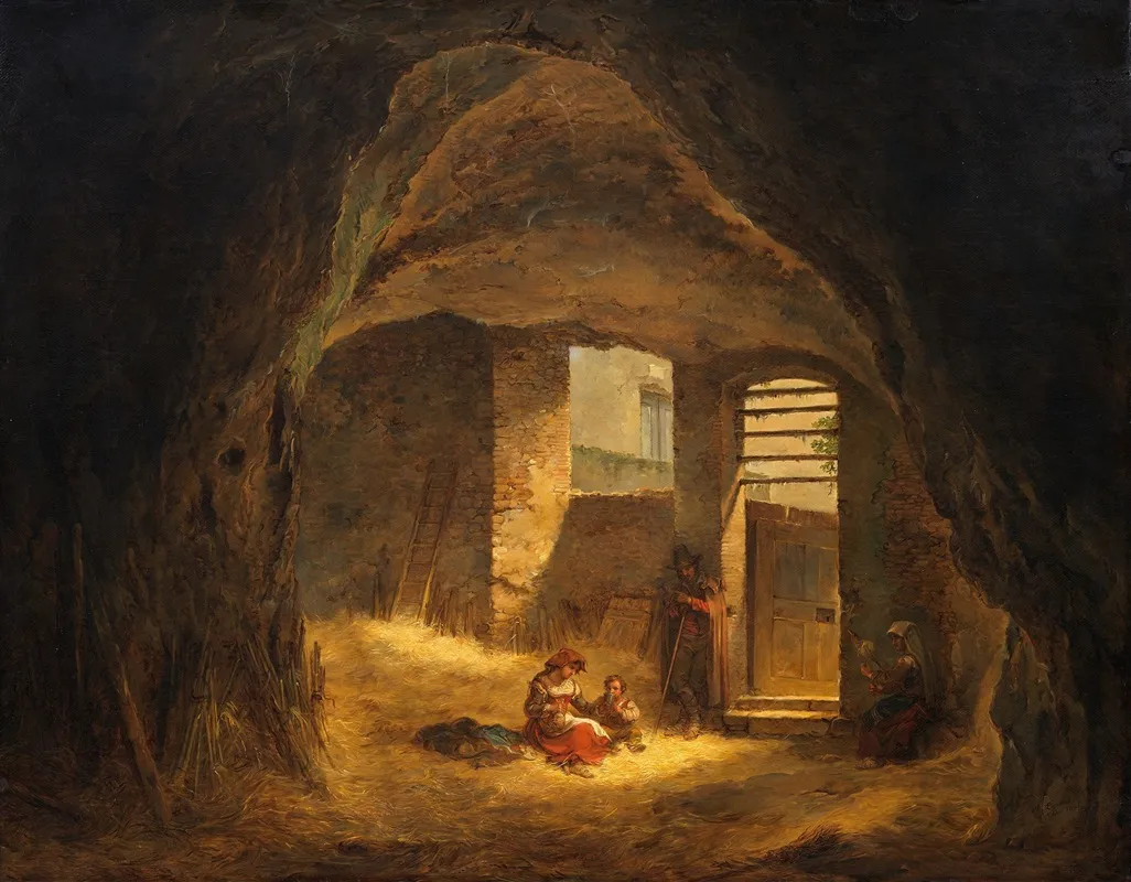 Italian Peasants In A Grotto Antique Grotto In The Tarpeian Rock Wall Art by Alexander Lauréus - High-Resolution Digital Print