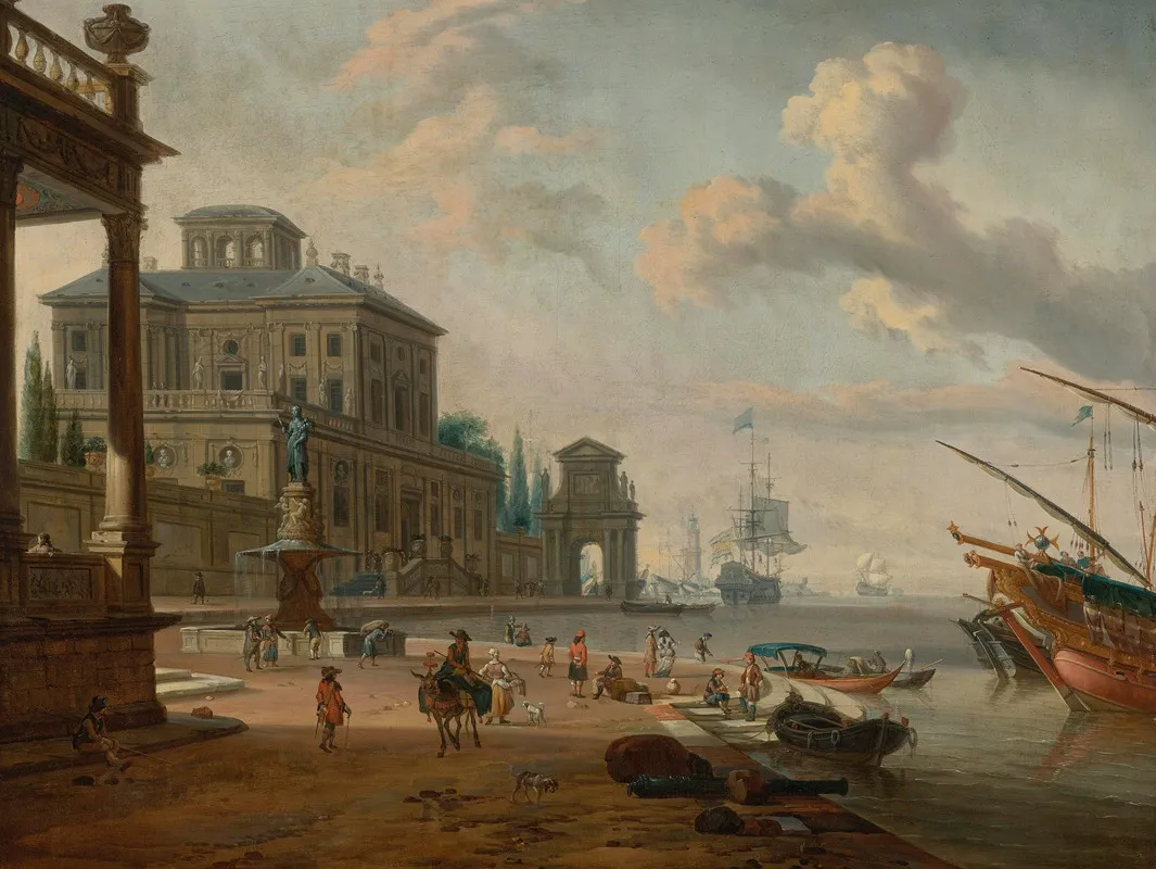 Italianate Harbor Scene With Figures And Animals In A Grand Architectural Setting