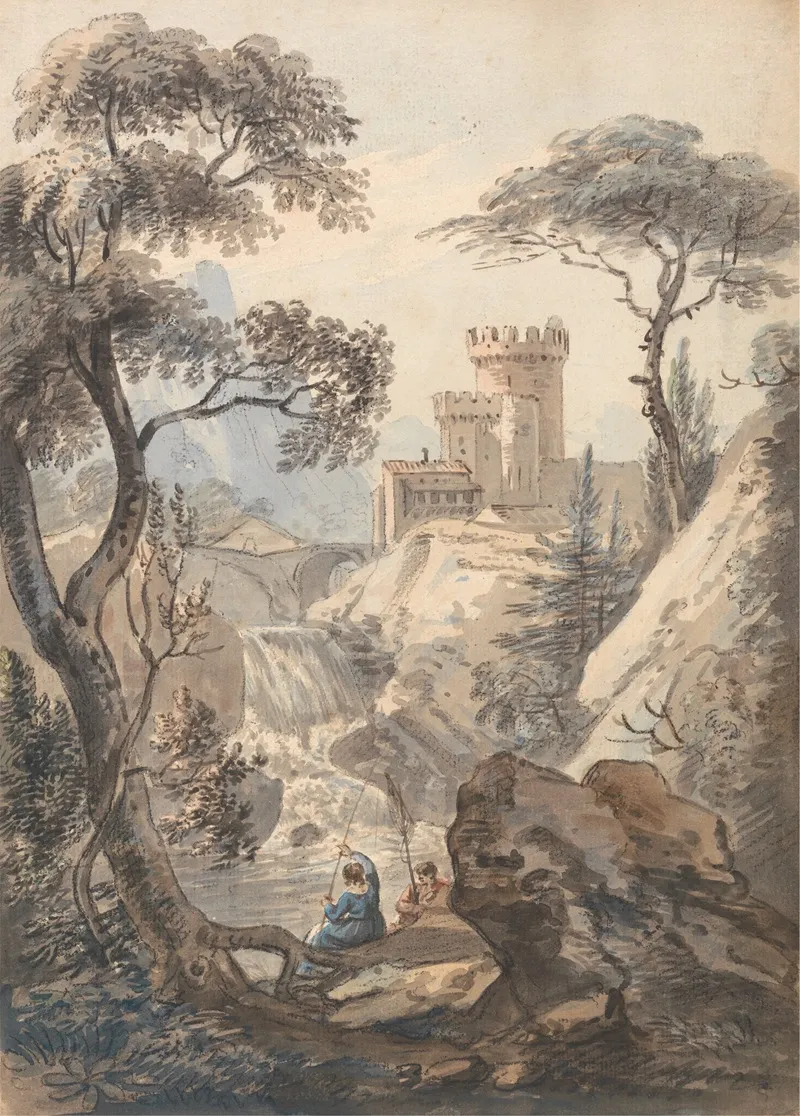Italianate Landscape With Castle Cascade And Anglers