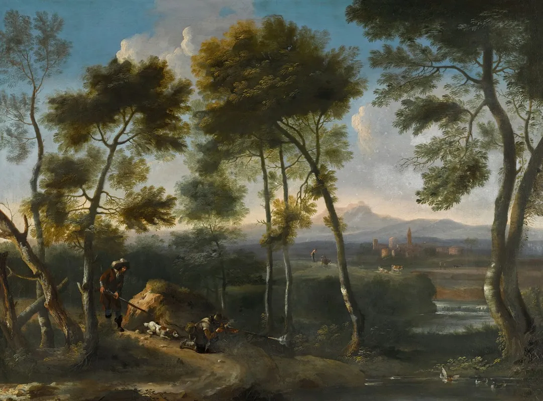 Italianate Landscape With Hunters Shooting Ducks Wall Art by Angeluccio - High-Resolution Digital Print
