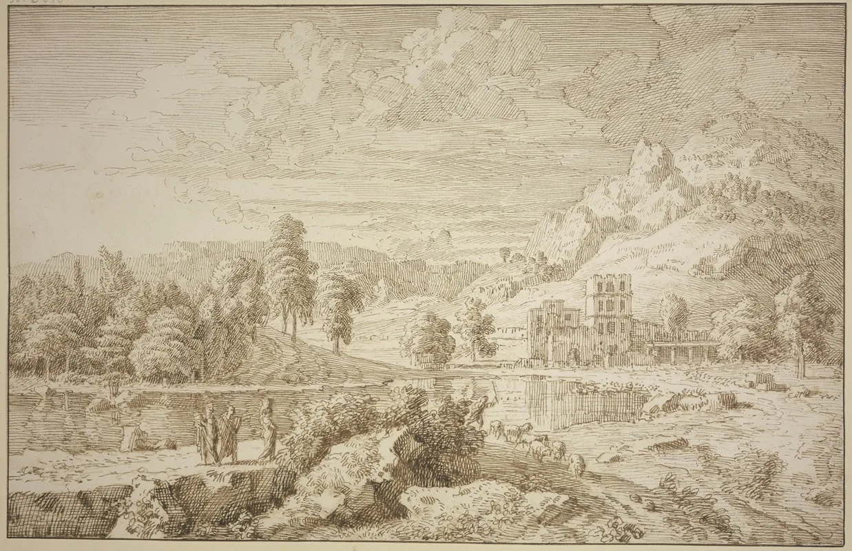 Italienische Landschaft Mit Gebaude Auf Dem Weg Ein Hirte Mit Schafen Links Drei Figuren Wall Art by Johannes Glauber - High-Resolution Digital Print