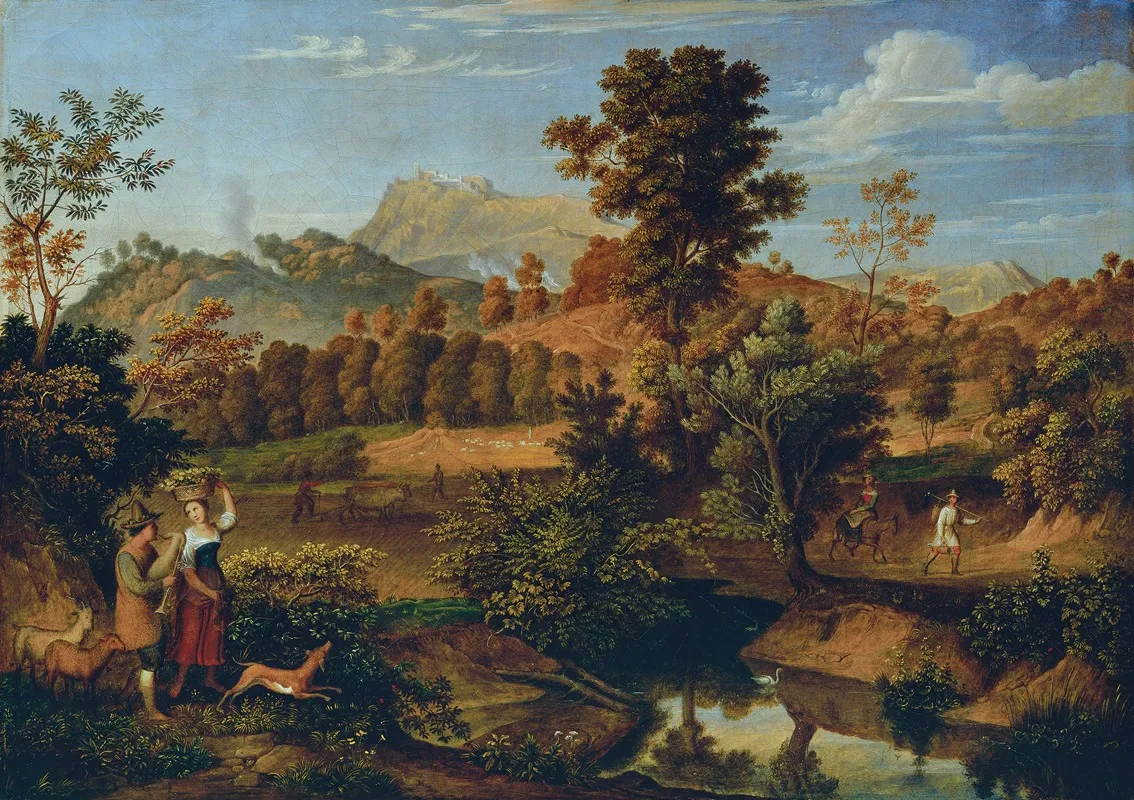 Italienische Landschaft Mit Pflugendem Landmann Die Serpentara Bei Olevano Landschaft Bei Paliano