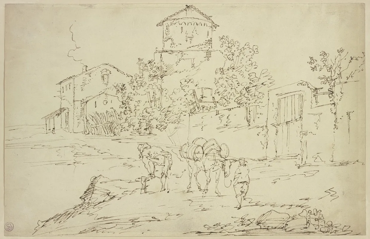 Italienische Landschaft Mit Zwei Mannern Und Einem Lasttier