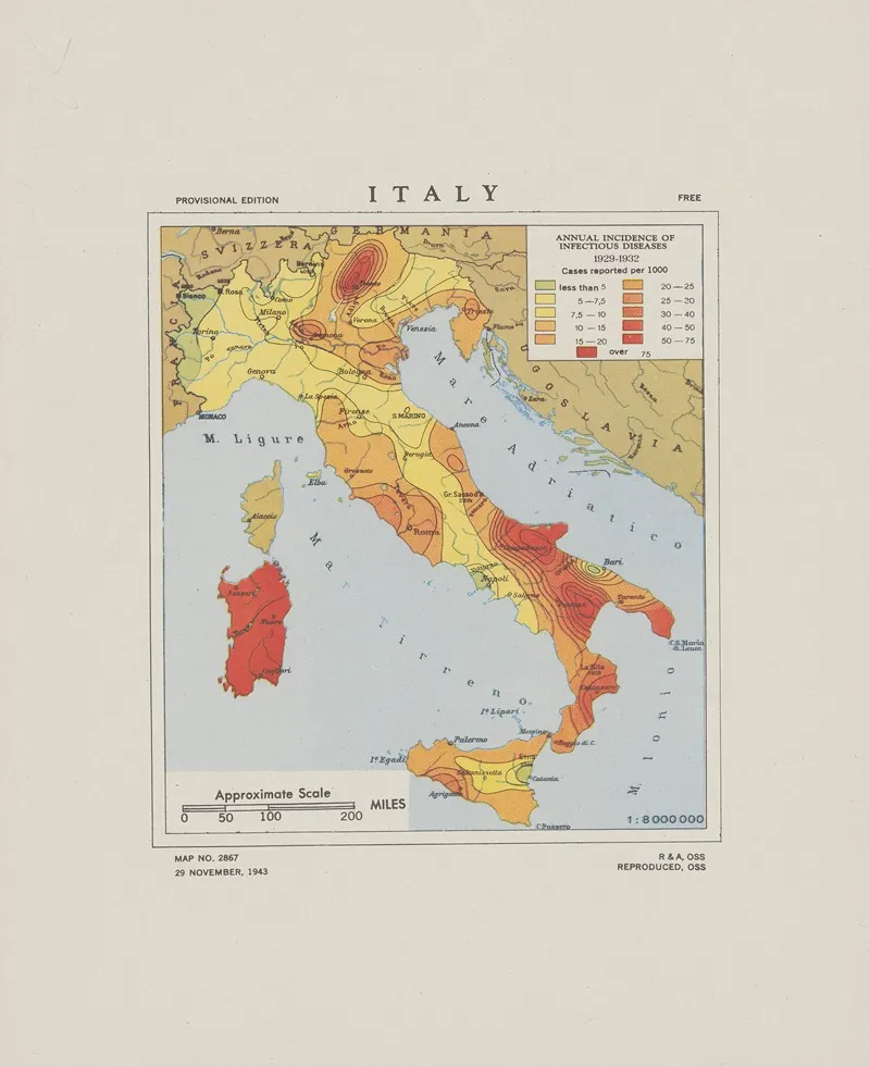 Italy Annual Incidence Of Infectious Diseases 1929 1932 Wall Art by Office of Strategic Services - High-Resolution Digital Print