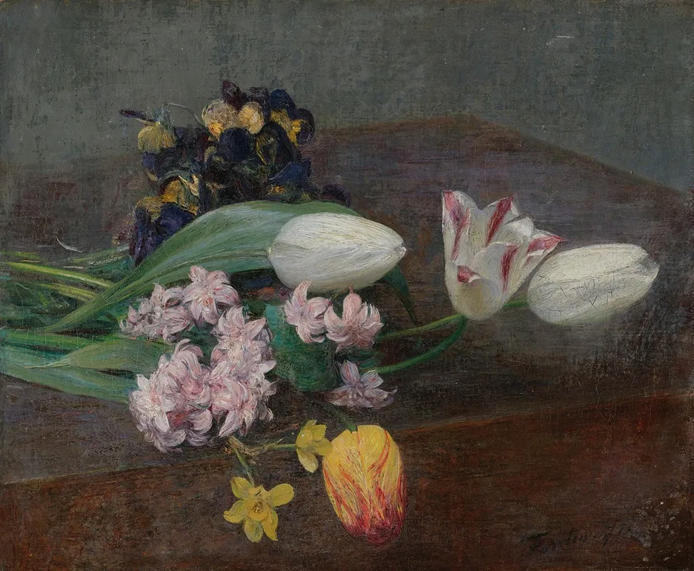 Jacinthes Tulipes Et Pensees Posees Sur Une Table Wall Art by Henri Fantin-Latour - High-Resolution Digital Print