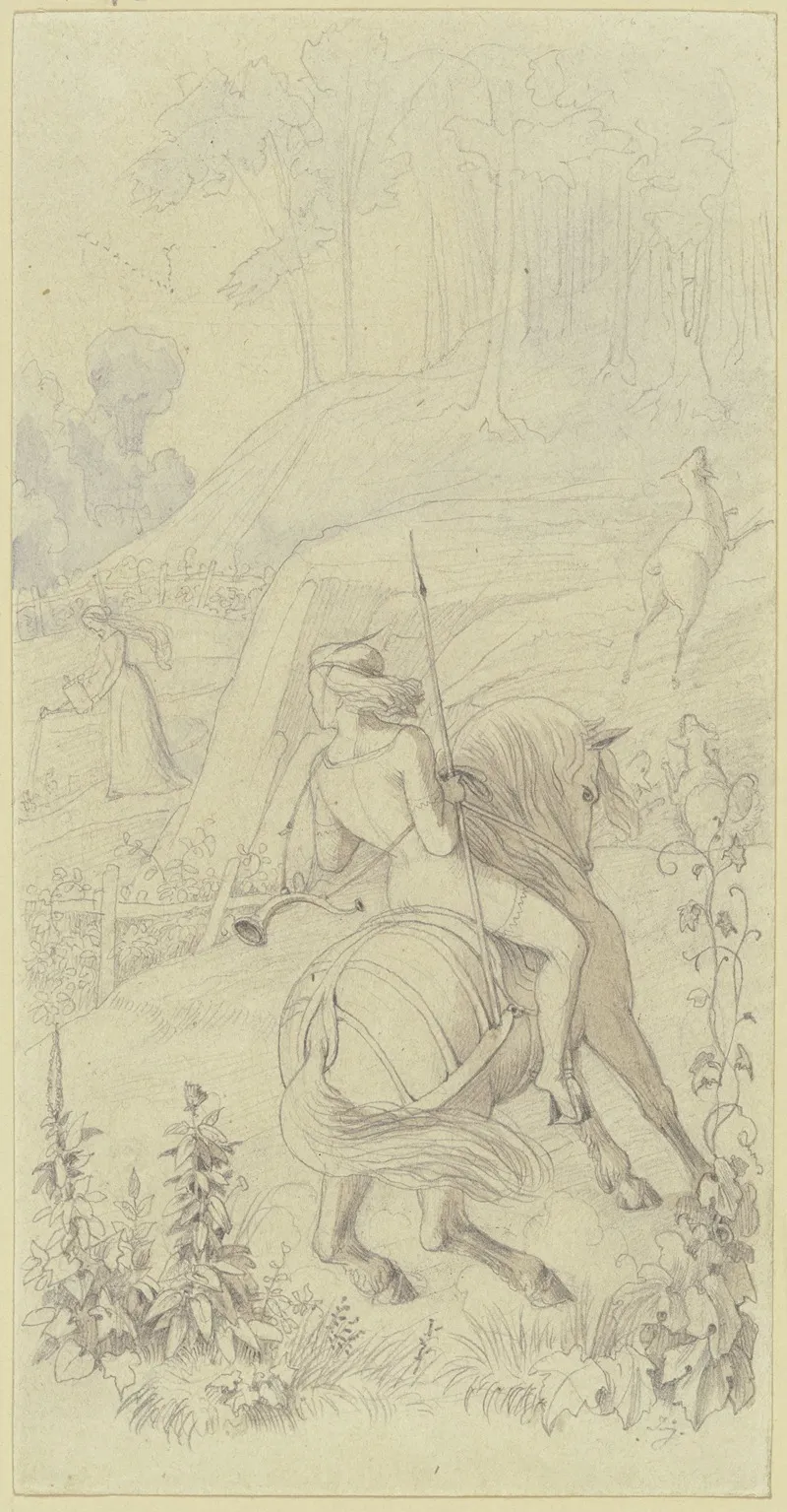Jagender Jungling Zu Pferd Eine Blumen Giesende Junge Frau Erblickend Wall Art by Jakob Jung - High-Resolution Digital Print