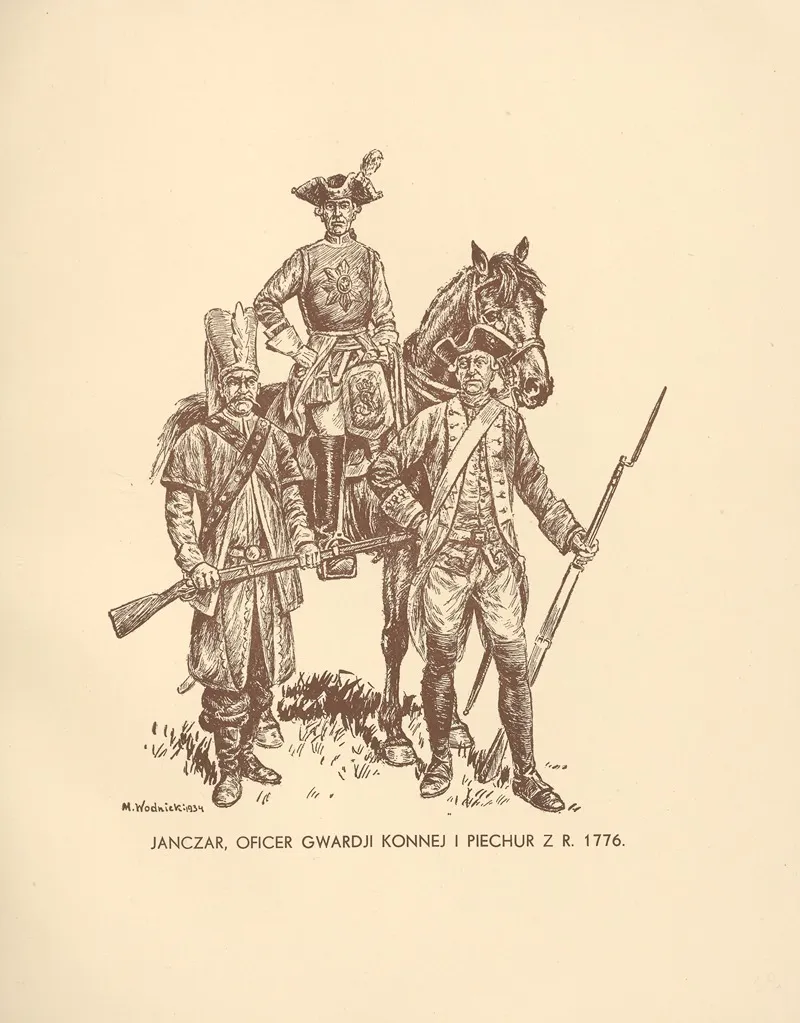 Janczar Oficer Gwardji Konnej Koronnej I Piechur Z R 1776 Wall Art by Mieczysław Kazimierz Wodnicki - High-Resolution Digital Print