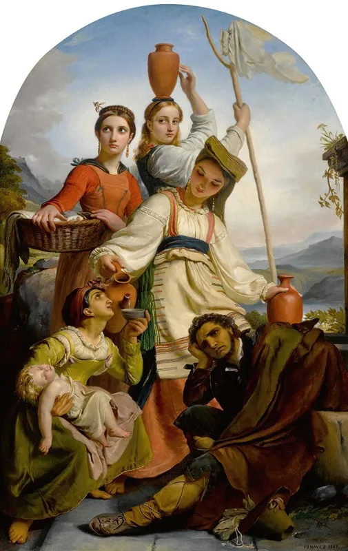 Jeunes Filles A La Fontaine Donnant A Boire A Des Voyageurs Costumes Des Environs De Fundi Wall Art by François-Joseph Navez - High-Resolution Digital Print