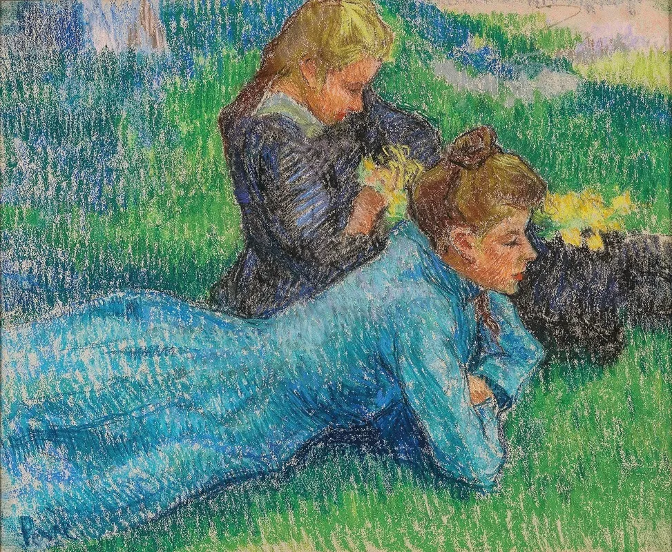 Jeunes Filles Couchees Sur Lherbe Two Girls Lying On The Grass