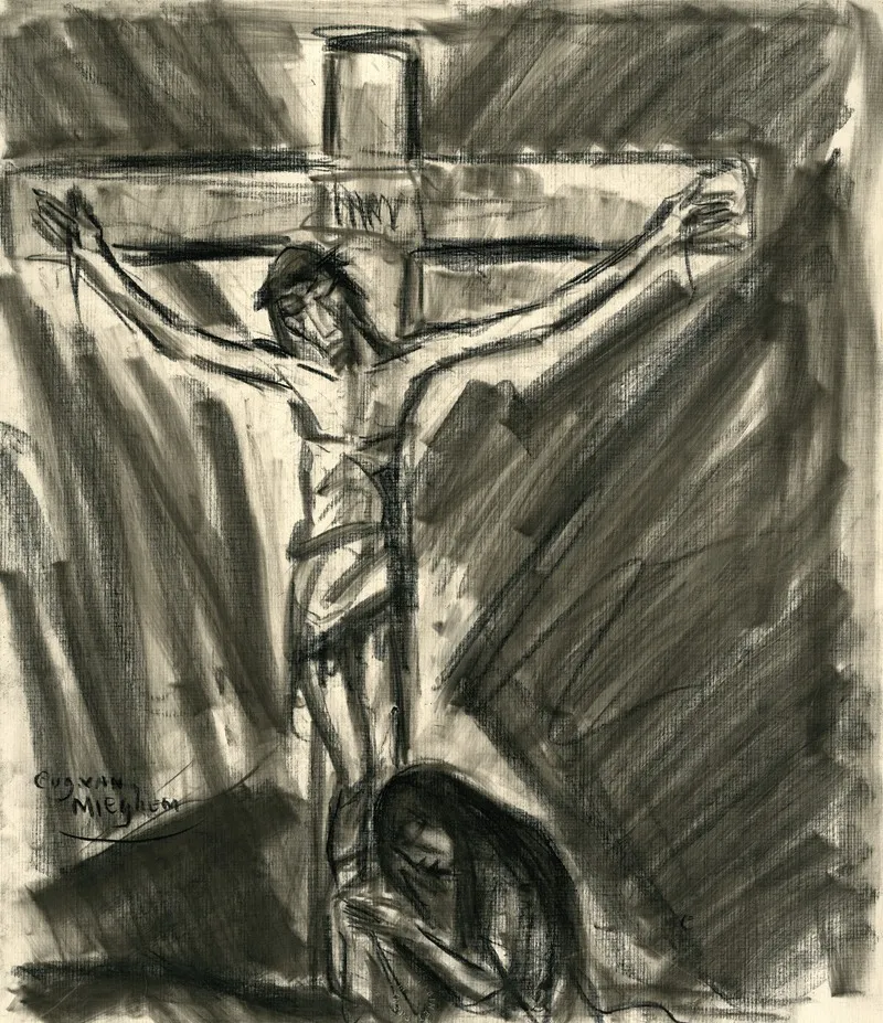 Jezus Aan Het Kruis En Onderaan Het Kruis Rechts Ziet Men Een Biddende Vrouw
