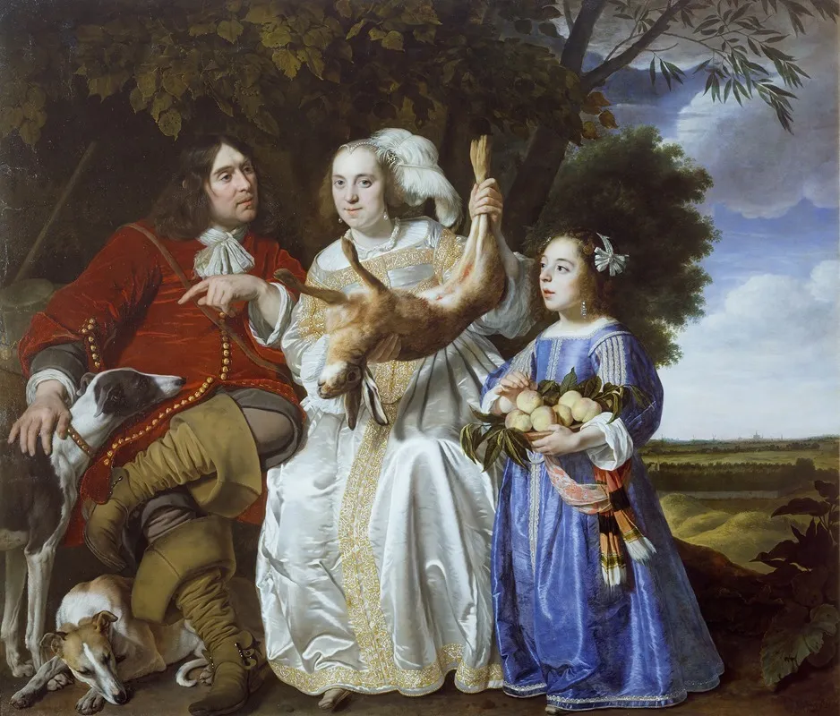 Jochem Van Aras With His Wife And Daughter Wall Art by Bartholomeus van der Helst - High-Resolution Digital Print