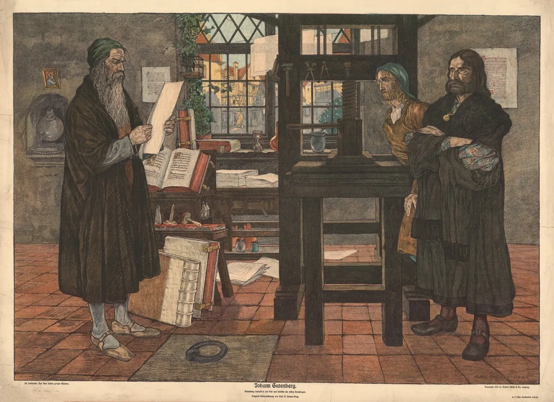 Johann Gutenberg Gutenberg Betrachtet Mit Fult Und Schoffer Die Ersten Druckbogen Wall Art by Hugo Steiner-Prag - High-Resolution Digital Print