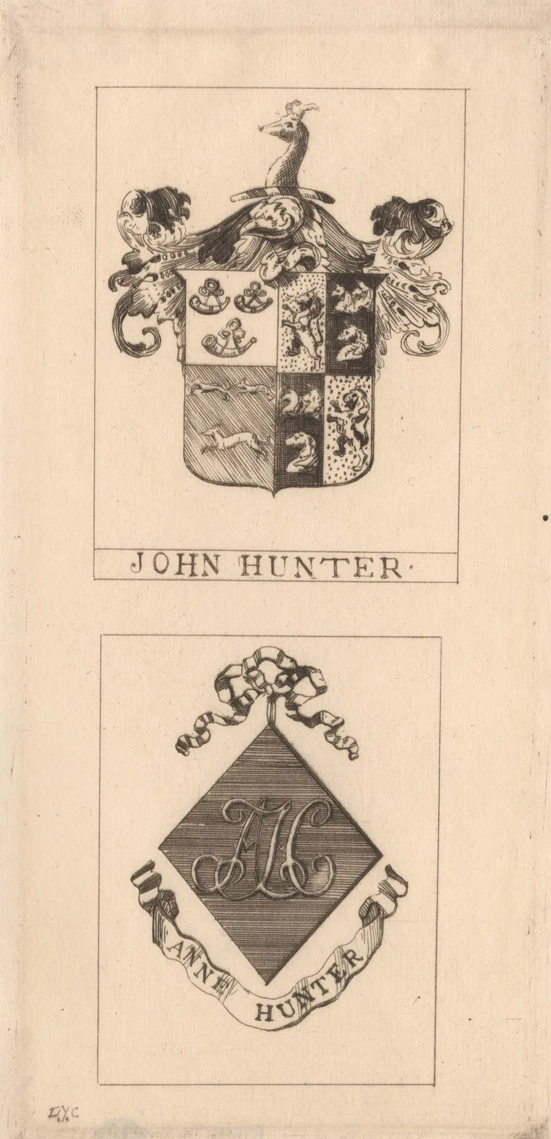 John Hunters Book Plate With Armorial Bearings And Mrs Hunters Book Plate With Her Monogram