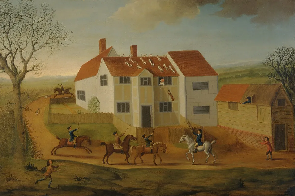 John Sidey And His Hounds At A Farmhouse Near Hadleigh Suffolk Wall Art by James Dunthorne - High-Resolution Digital Print