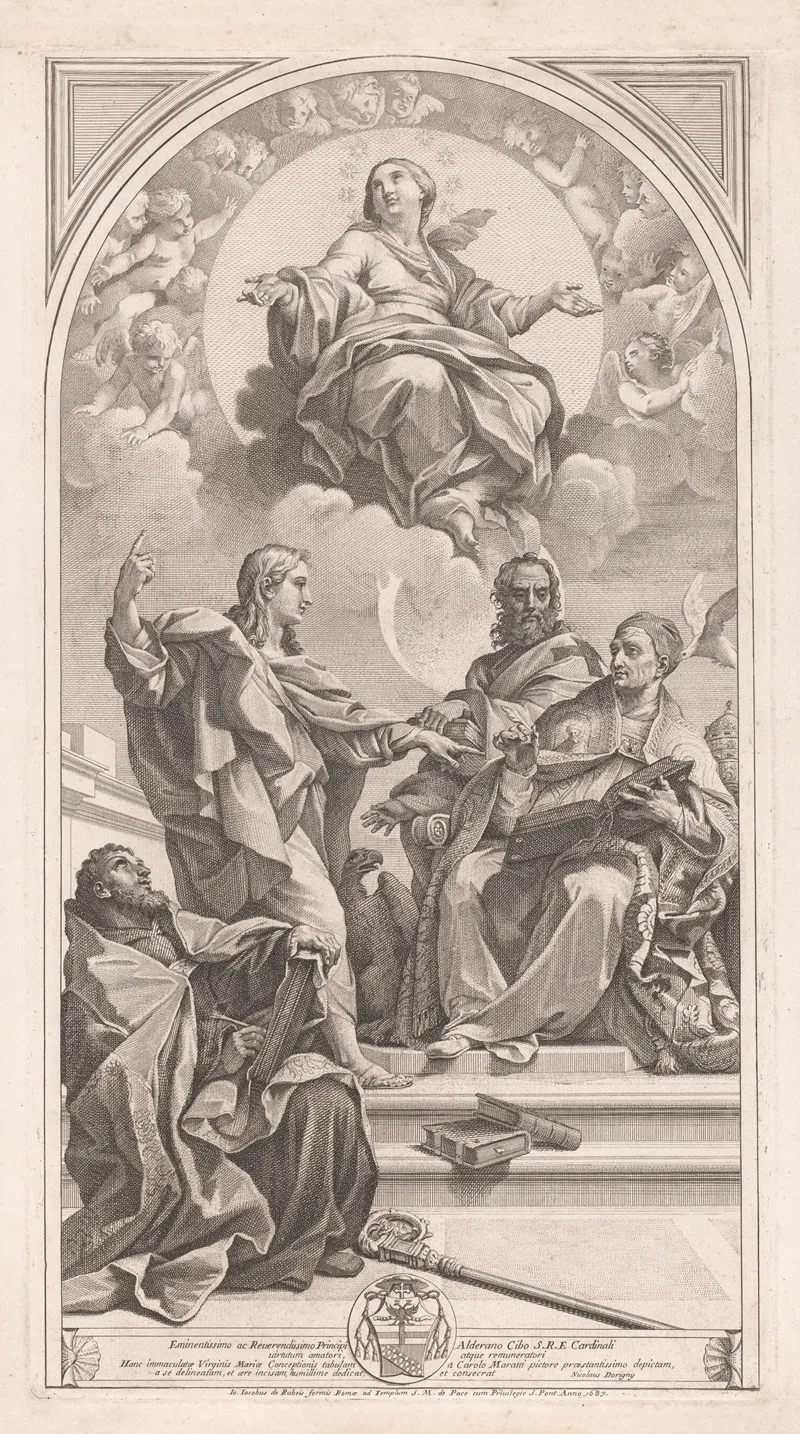 John The Baptist Explains Doctrine Of The Immaculate Conception To Saint Gregory Saint Augustine And John Chrysostomos Wall Art by Nicolas Dorigny - High-Resolution Digital Print