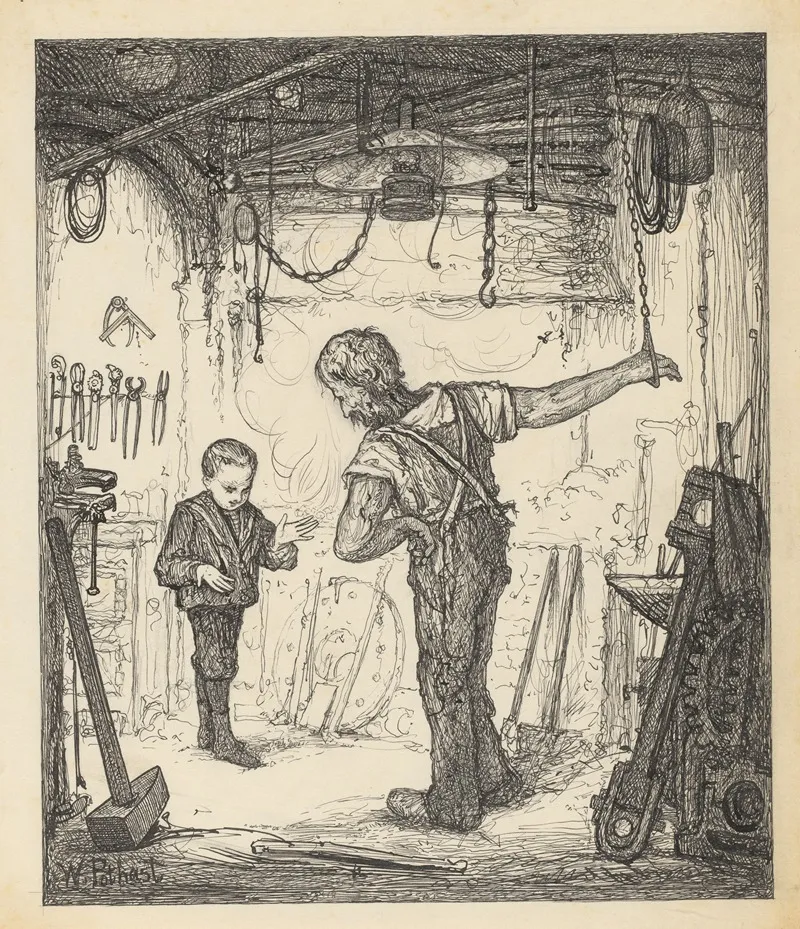 Jongen En Geketende Man In Een Werkplaats 2 Wall Art by Willem Pothast - High-Resolution Digital Print