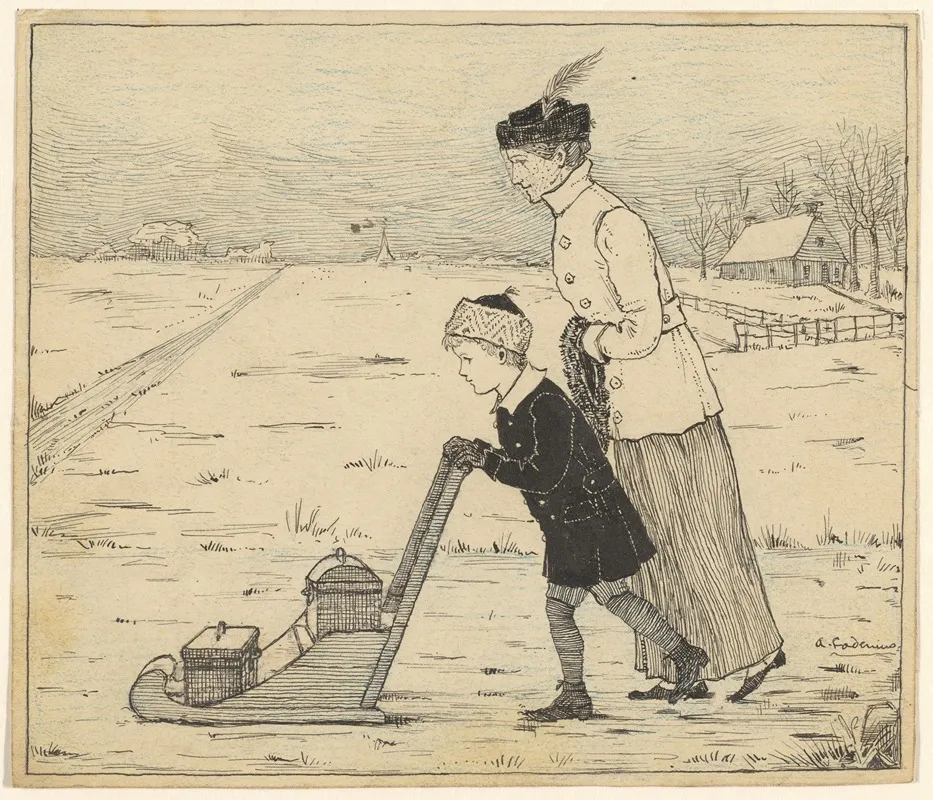 Jongen En Vrouw Met Slee Op Het Ijs