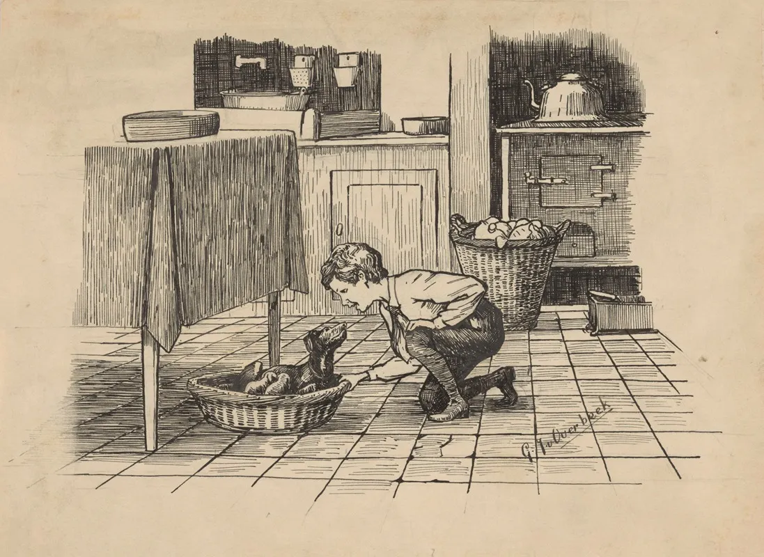 Jongen Knielt Bij Een Hond In Een Mand 2 Wall Art by Gijsbertus Johannes van Overbeek - High-Resolution Digital Print