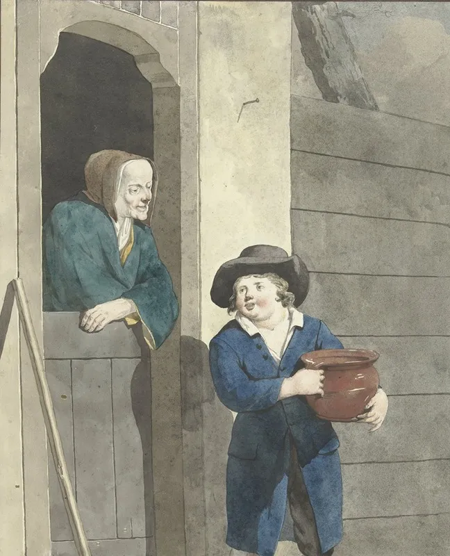 Jongen Met Een Pot Bij Een Vrouw Leunend Op Een Onderdeur Wall Art by W. Barthautz - High-Resolution Digital Print