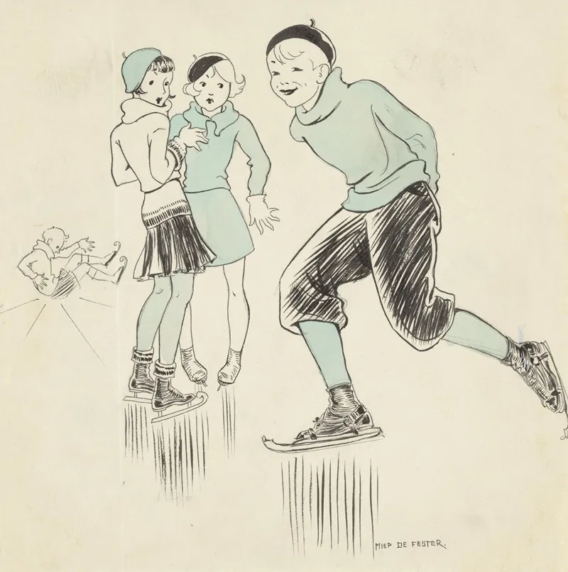 Jongen Schaatsend Langs Twee Meisjes 2