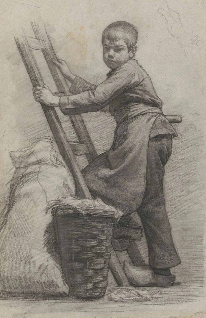 Jongen Staande Bij Een Ladder En Een Mand