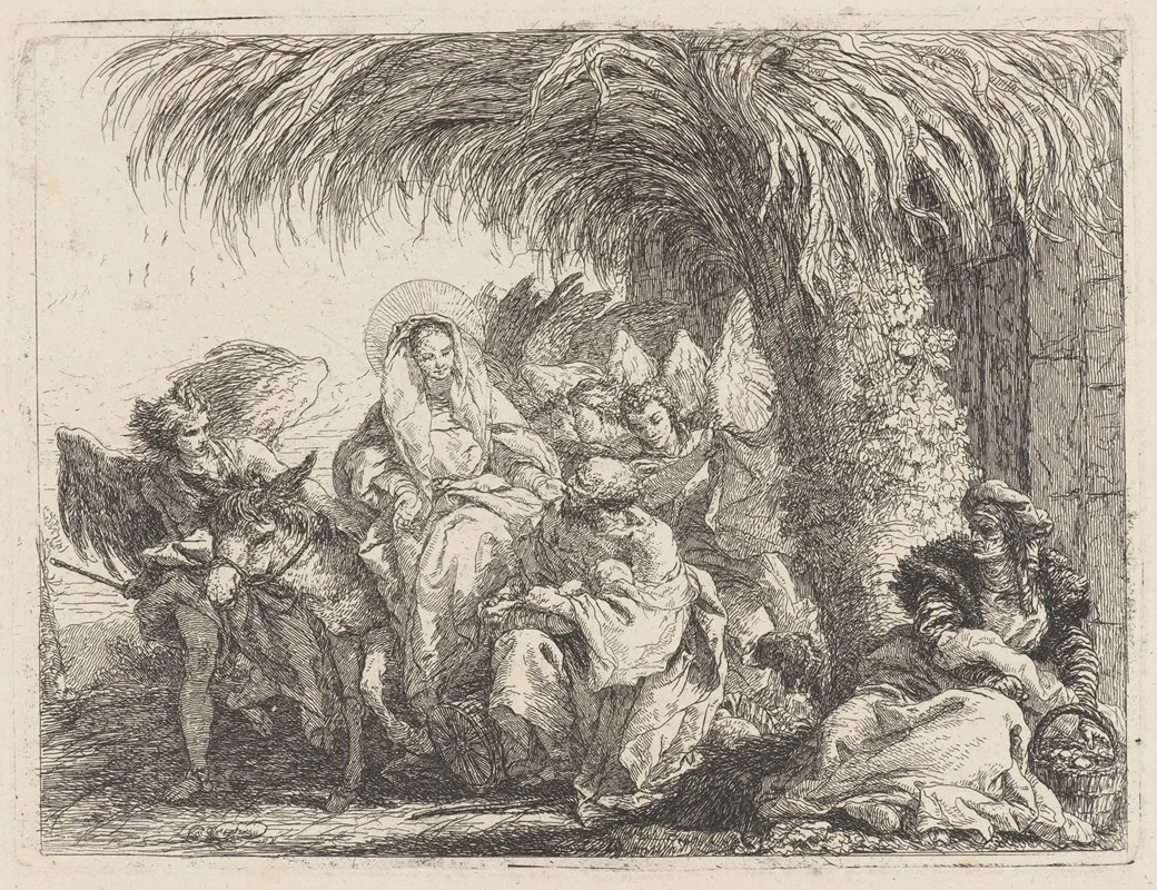 Joseph Kneels With The Child Before Mary On The Donkey Wall Art by Giovanni Domenico Tiepolo - High-Resolution Digital Print