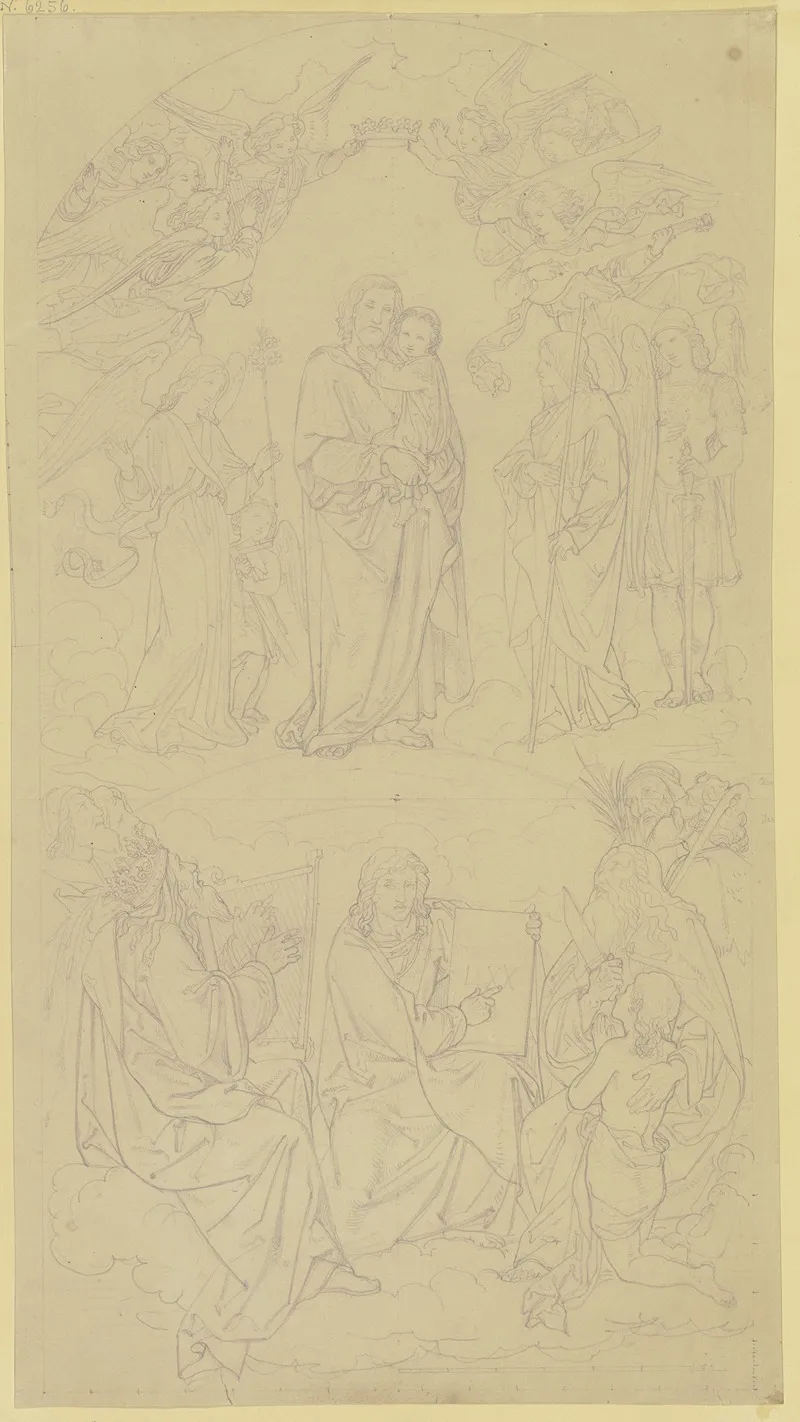 Joseph Mit Dem Jesuskind Auf Dem Arm Von Musizierenden Und Ihn Kronenden Engeln Umgeben Unten Konig David Und Abraham Mit Isaak Wall Art by Leopold Kupelwieser - High-Resolution Digital Print