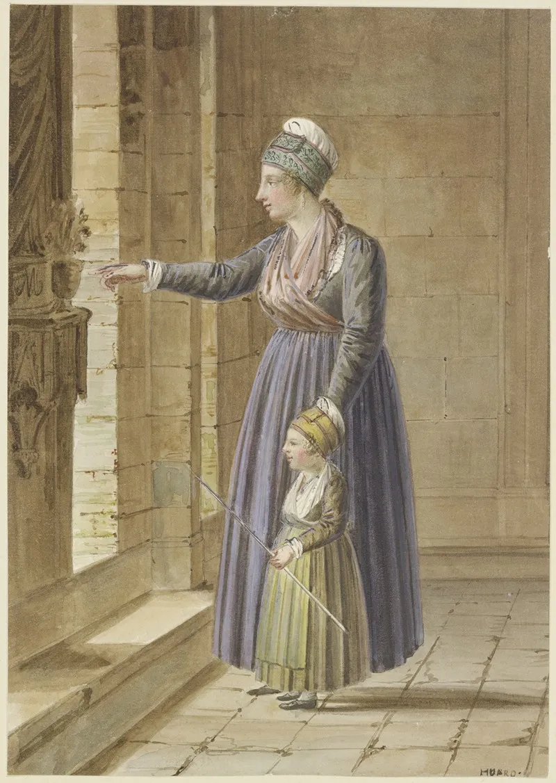 Junge Frau Mit Ihrer Tochter In Provencalischer Tracht An Einem Kirchenfenster Wall Art by Pierre Huard - High-Resolution Digital Print