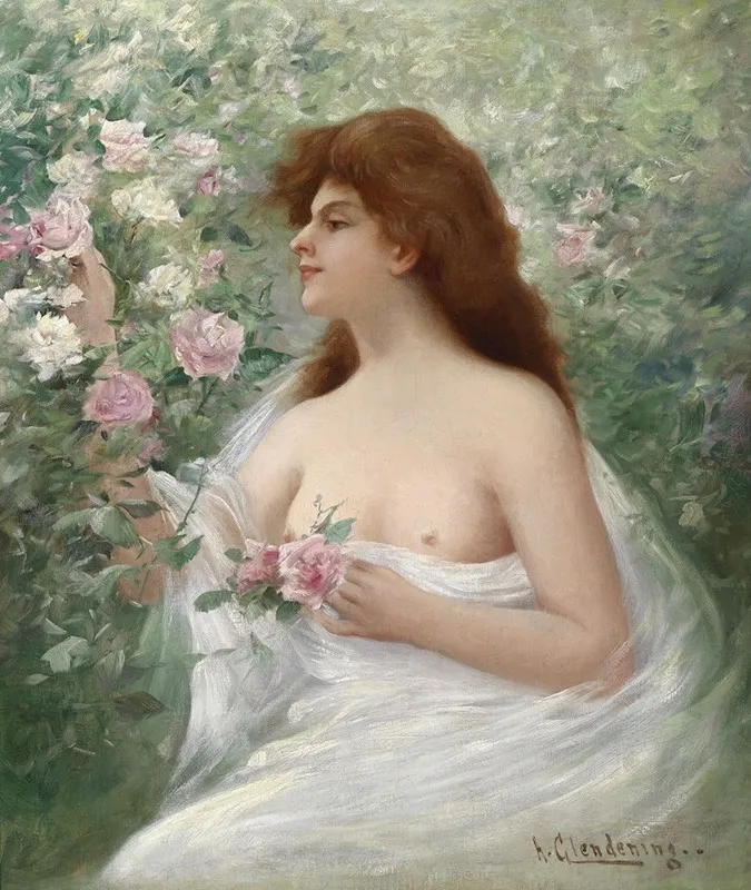 Junge Frau Rosen Pfluckend Wall Art by Alfred Glendening jr. - High-Resolution Digital Print