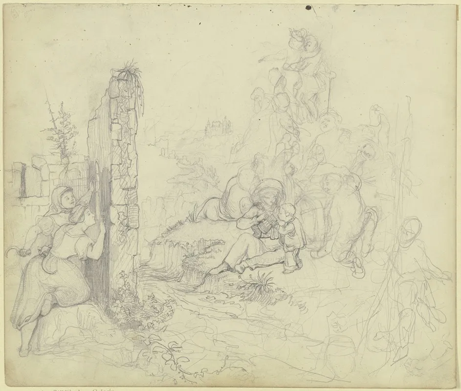 Junge Madchen Belauschen Hinter Einer Mauer Einen Mann Der Einem Kinde Zu Trinken Gibt Und Mehrere Andere Figuren Wall Art by Hermann Gollner - High-Resolution Digital Print