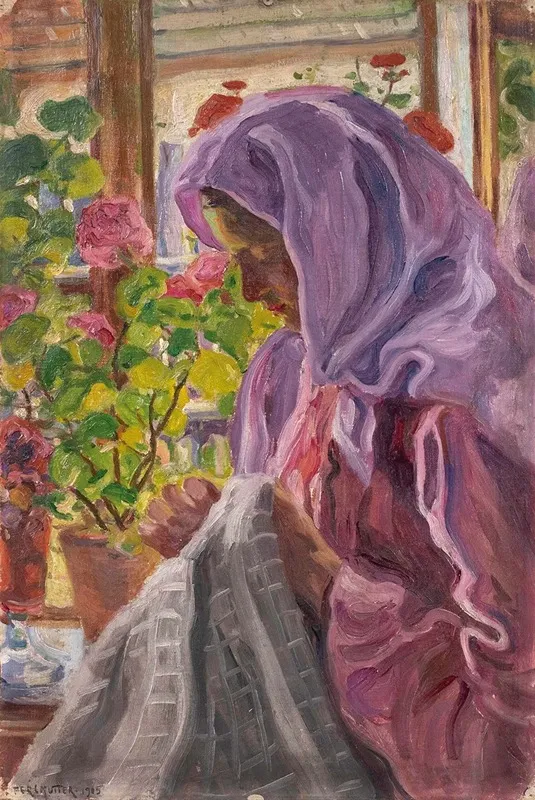 Junge Naherin Am Blumenfenster Wall Art by Izsák Perlmutter - High-Resolution Digital Print