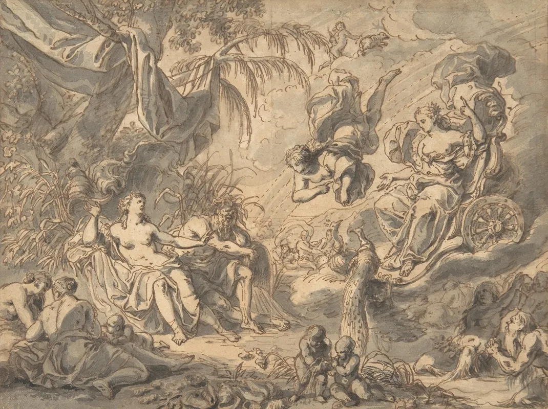 Juno On Her Chariot Visiting A Young Woman And A Rivergod Wall Art by Richard van Orley - High-Resolution Digital Print