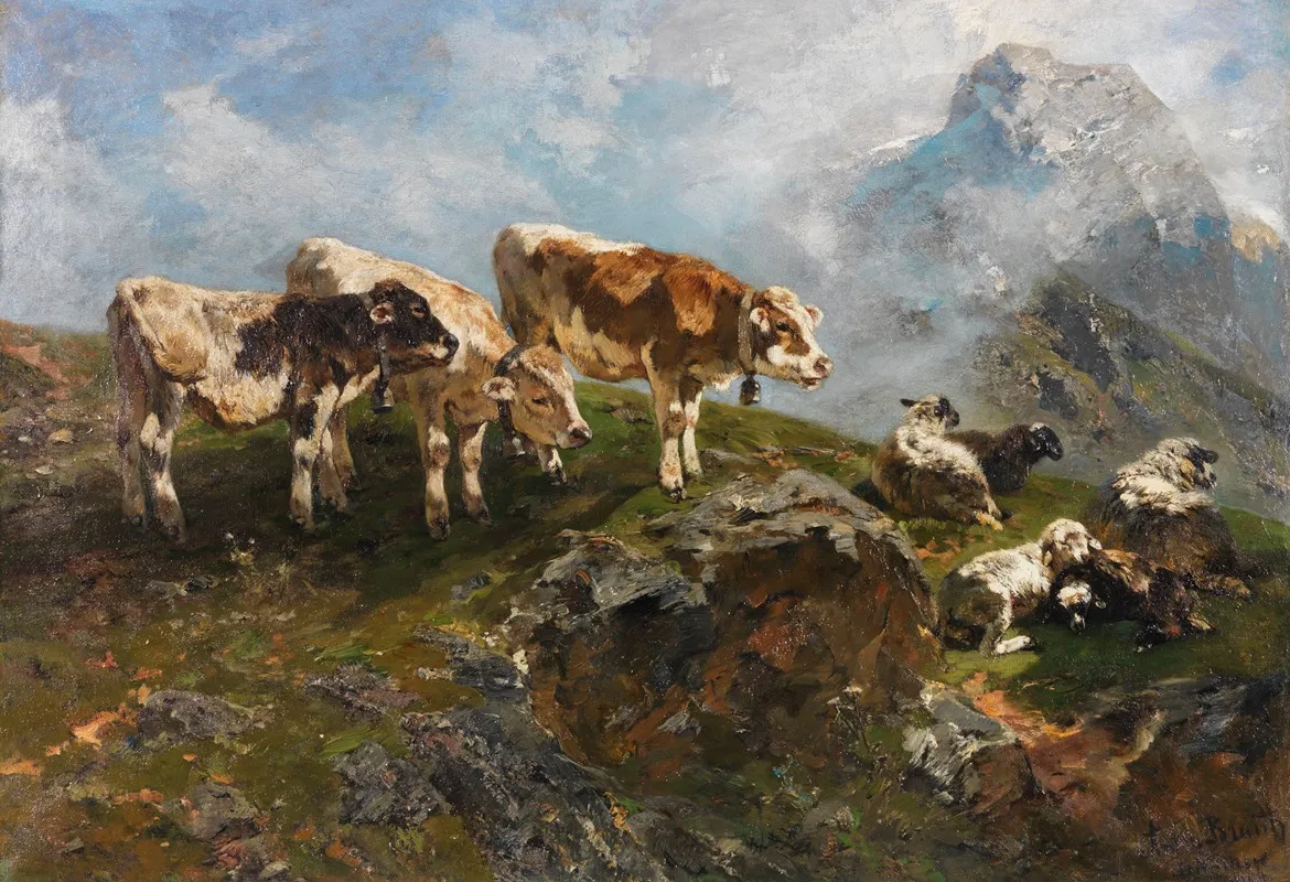 Kalber Und Schafe Im Hochgebirge Wall Art by Anton Braith - High-Resolution Digital Print
