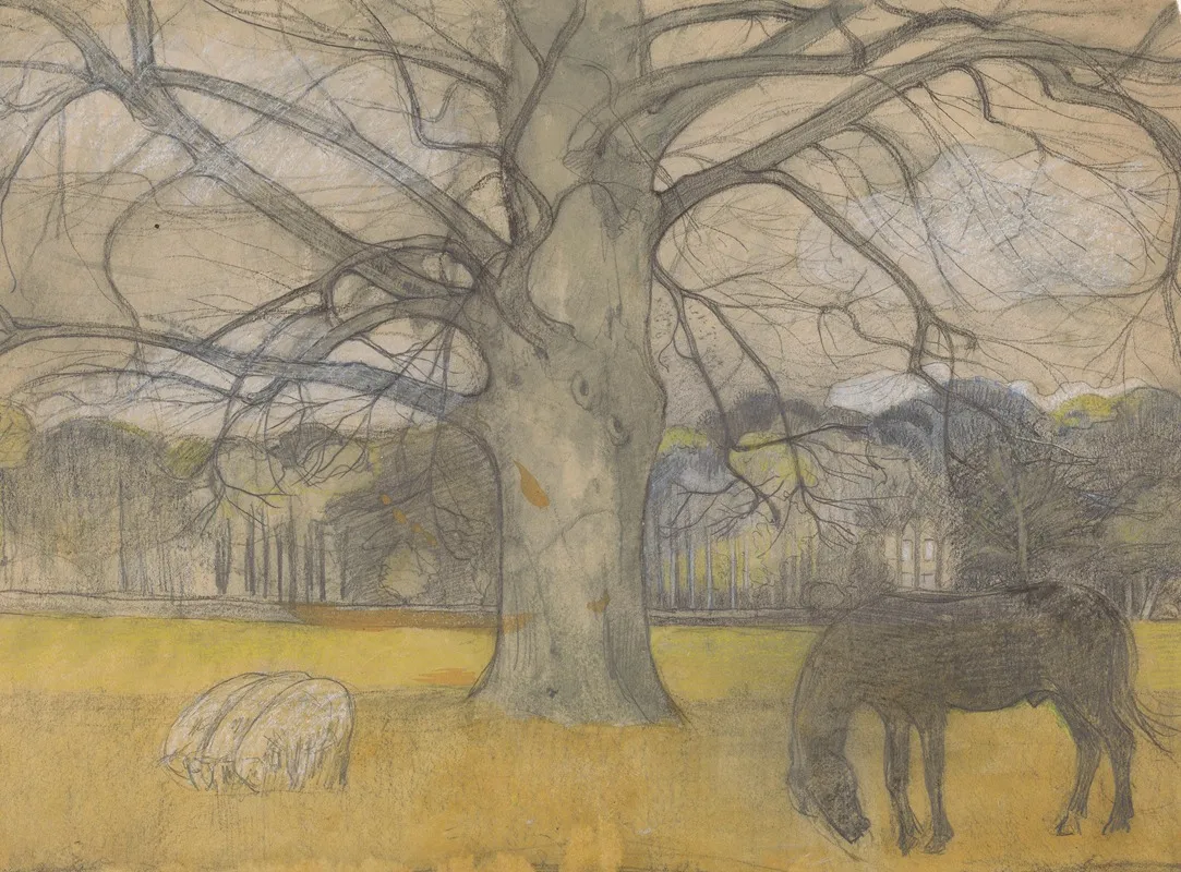 Kale Beuk Op Een Weide Met Schapen En Een Paard Wall Art by Richard Nicolaüs Roland Holst - High-Resolution Digital Print