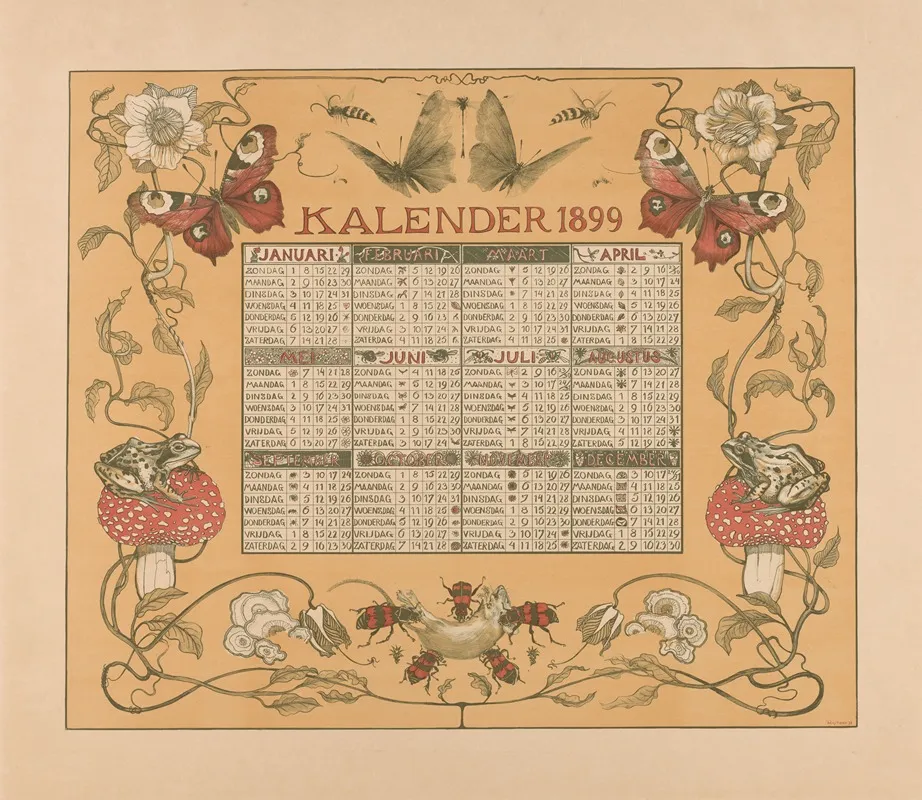 Kalender Van Het Jaar 1899 Met Bloemen Insecten En Kikkers